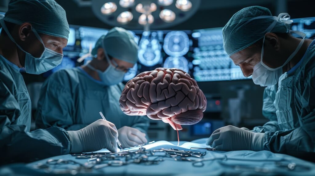 Neurosurgeons focus on a detailed brain model during a simulated surgical procedure.