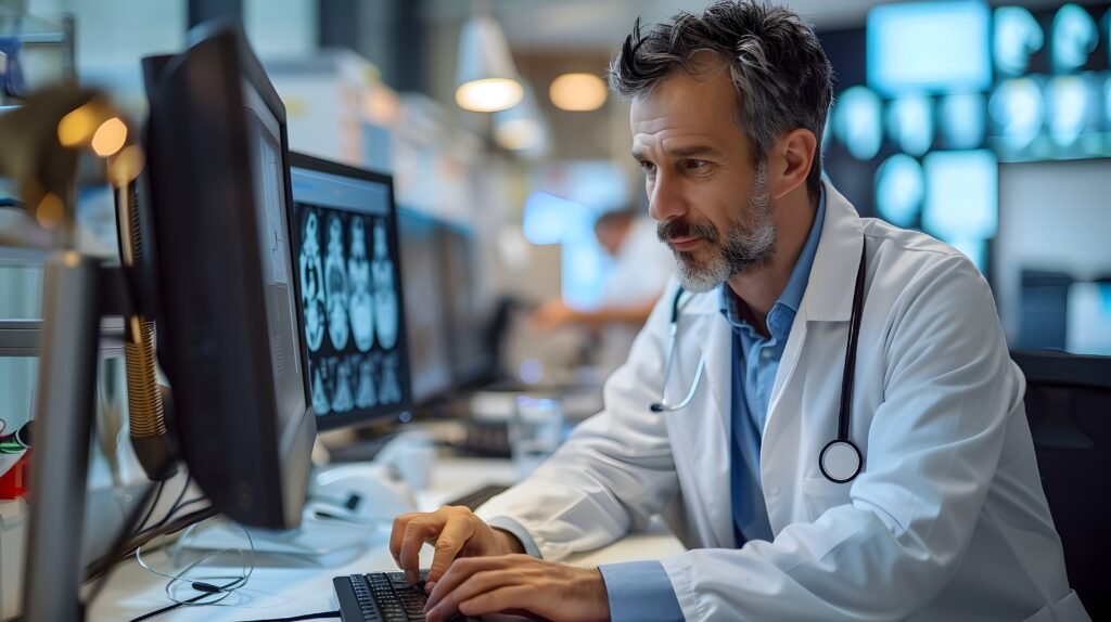 Doctor examines an x-ray scan on a computer screen in a modern medical clinic.
